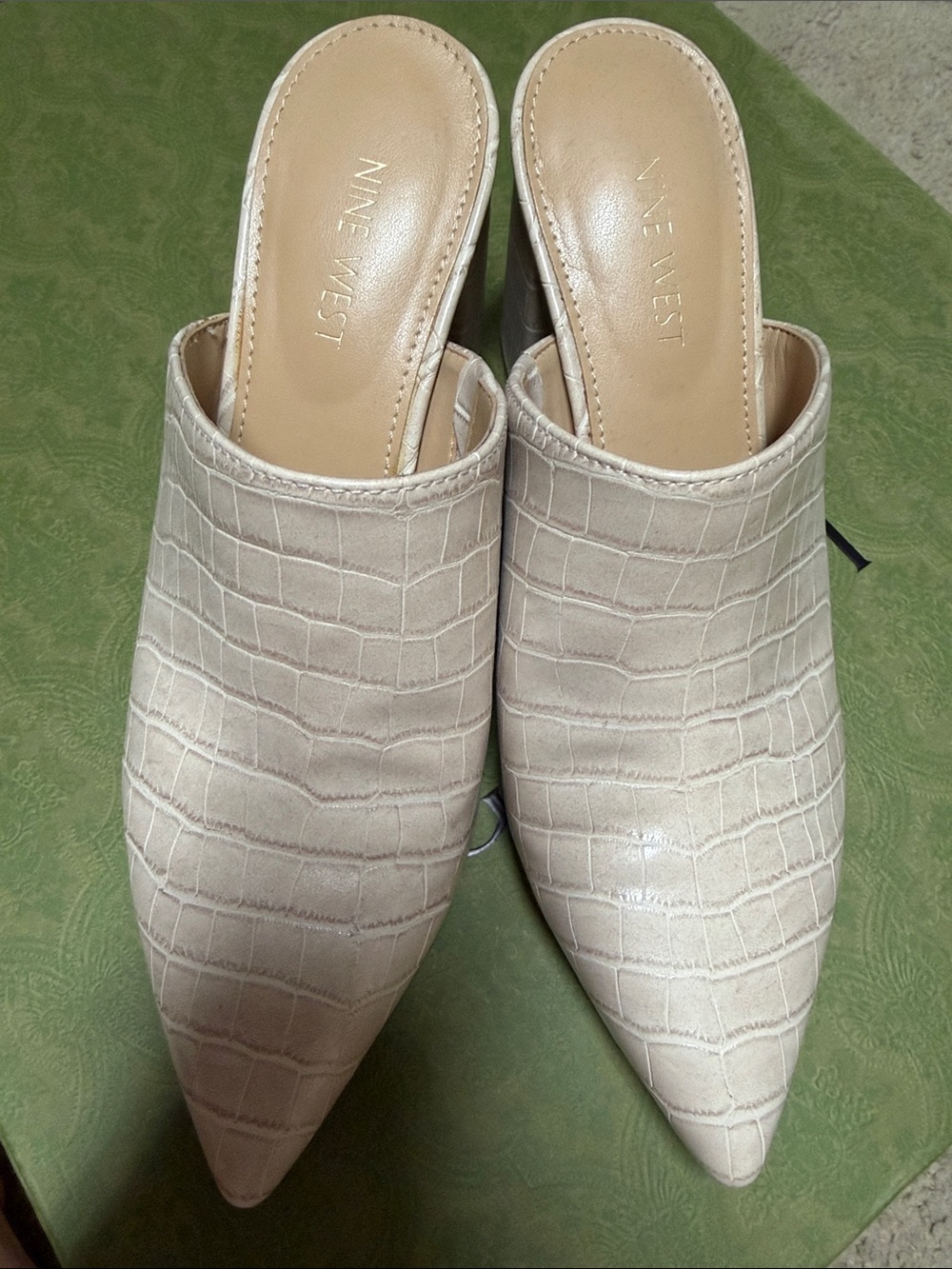 Nine West Cream Croc-Textured Pointed Toe Mules